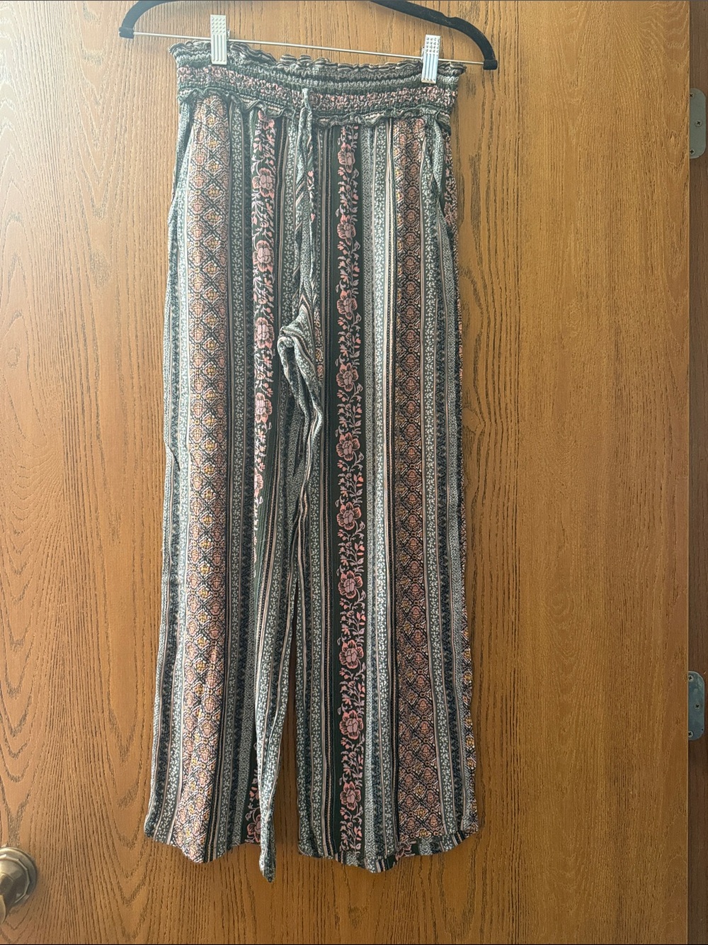 Wide Leg Floral Stripe Pants - Black with Pink Accents